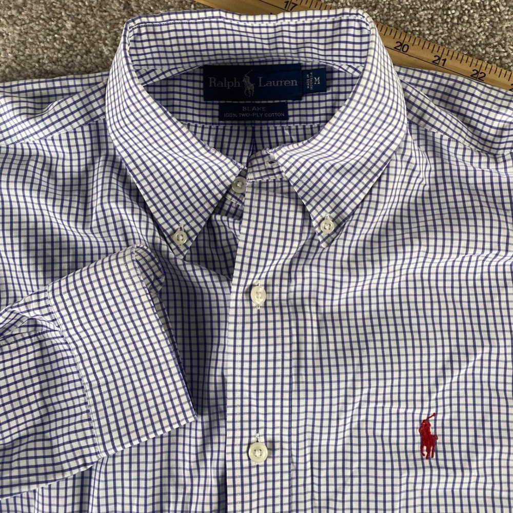 Polo Ralph Lauren Blake Shirt Mens M Blue White Gingham Plaid Two Ply Cotton